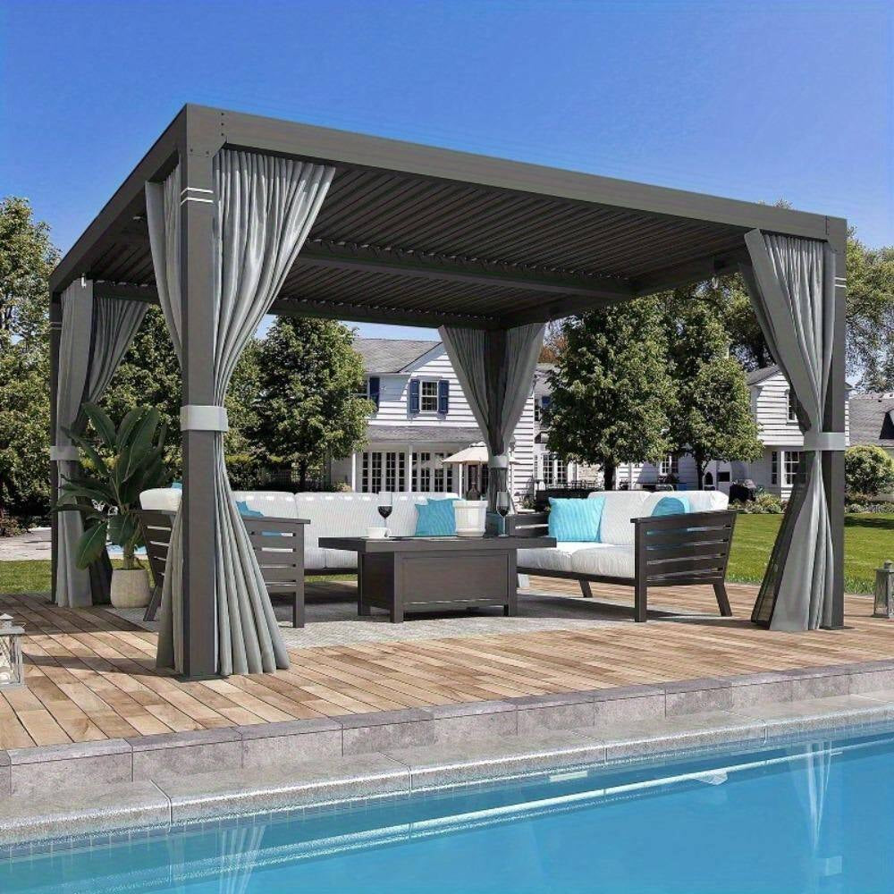 10 Ft. X 10 Ft. Outdoor Louvered Pergola with Curtains and Netting for Patio, Garden, Backyard, Dark Gray