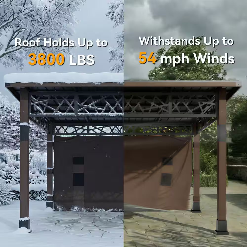 14 Ft. X 12 Ft. Outdoor Wood Frame Patio Hardtop Gazebo with Black Galvanized Steel Roof and Privacy Curtain
