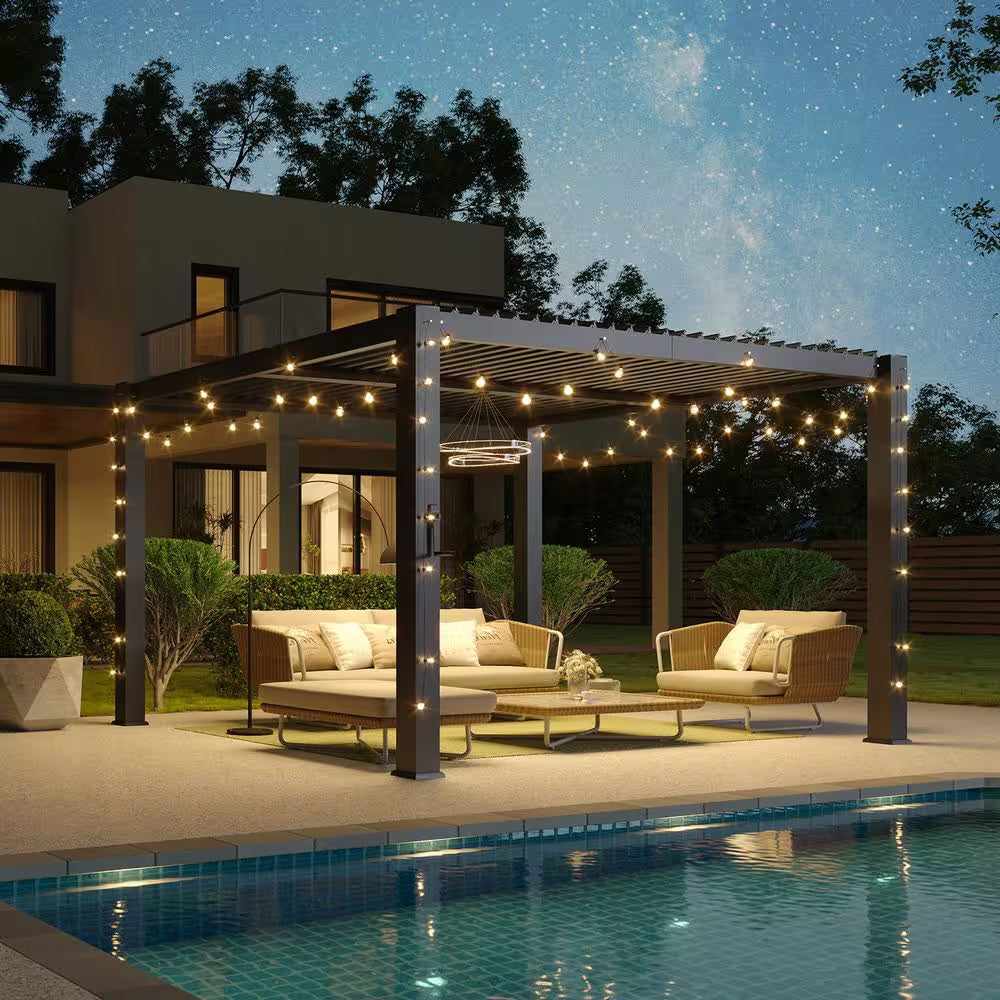 10 Ft. X 12 Ft. Black Metal Pergola with Adjustable Louvered Roof