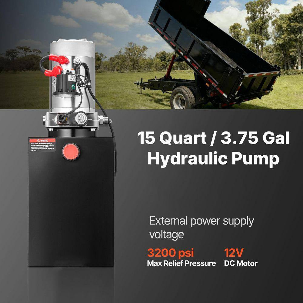 15 Qt. Hydraulic Power Unit, Single Acting Dump Trailer Pump, 3200 PSI Max Relief Pressure & 0.91 GPM Flow Rate, DC 12V