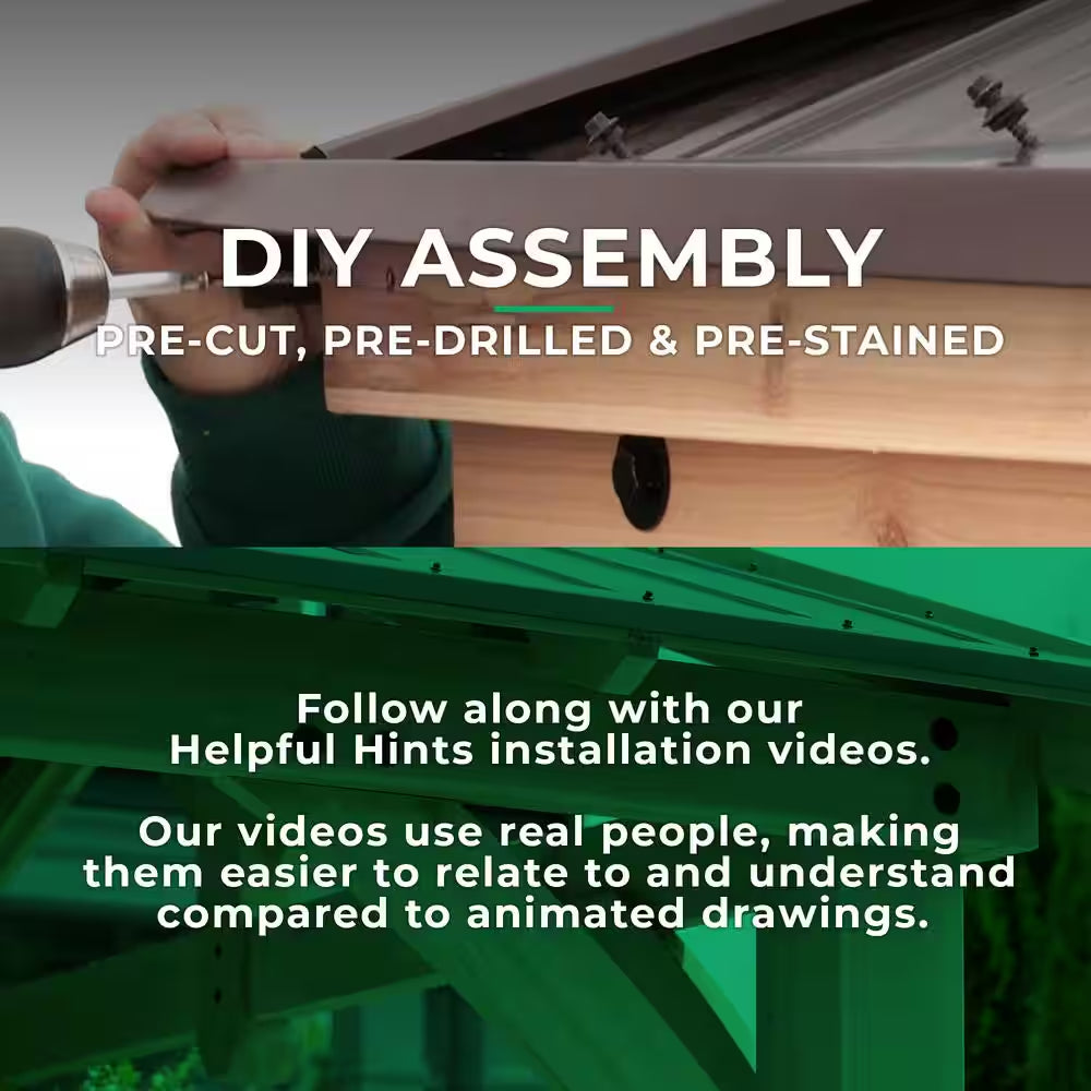 DIY Meridian 12 Ft. X 14 Ft. Cedar Wood Outdoor Patio Gazebo Kit with Hardtop Metal Roof - Permanent Covered Patio Shade