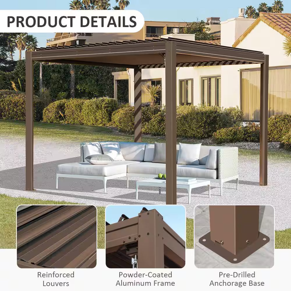 10 Ft. X 10 Ft. Brown Aluminum Metal Louvered Pergola