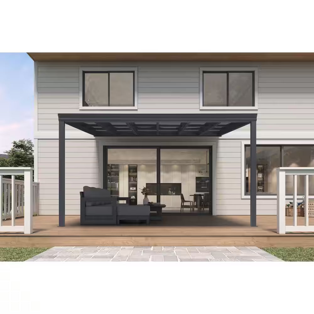 12 Ft. X 14 Ft. Gray Wall-Mounted Outdoor Pergola Aluminum Lean to Gazebo with PC Canopy and In-Built Gutter System