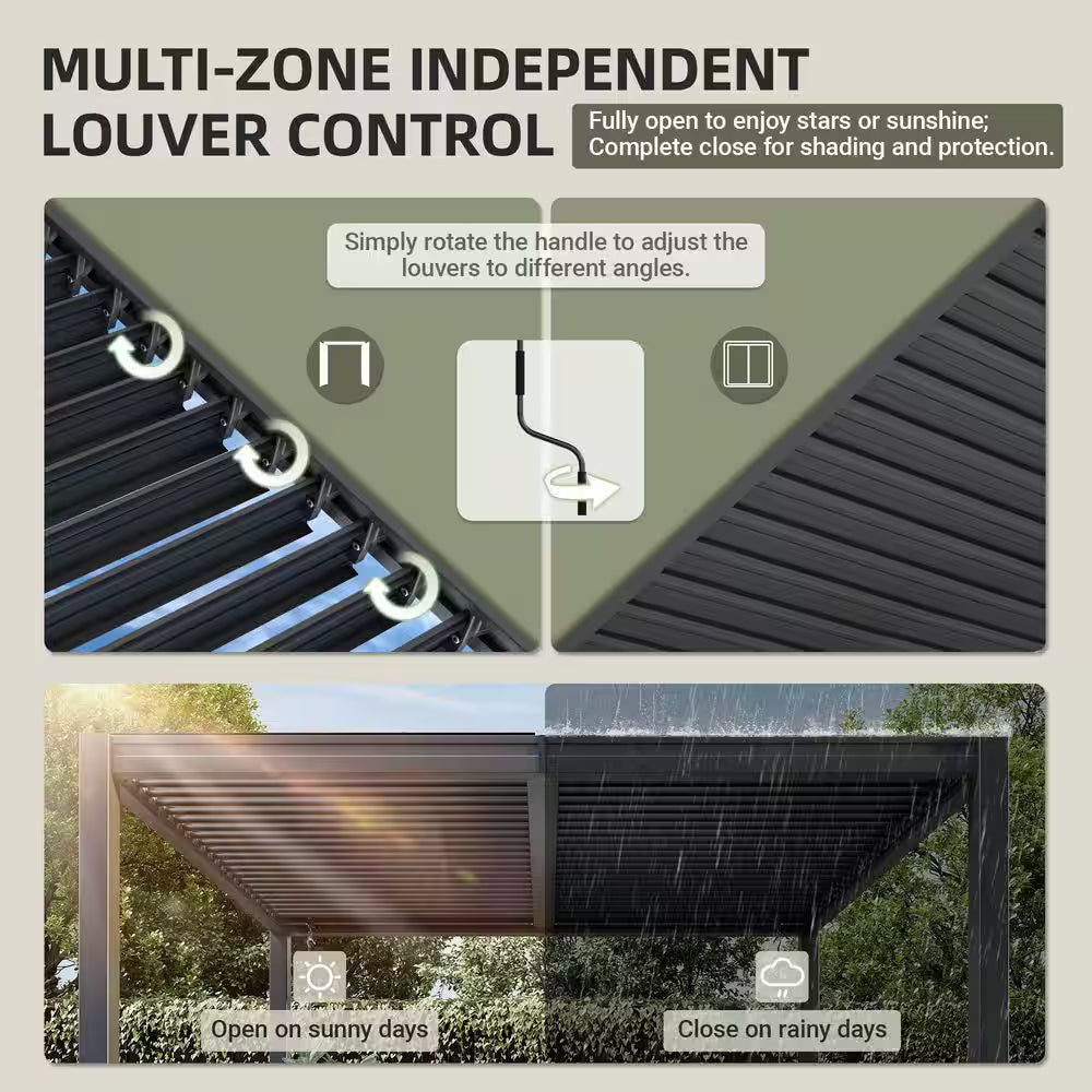 10 Ft. X 12 Ft. Black Steel Outdoor Louvered Pergola with Water-Tight Adjustable Roof