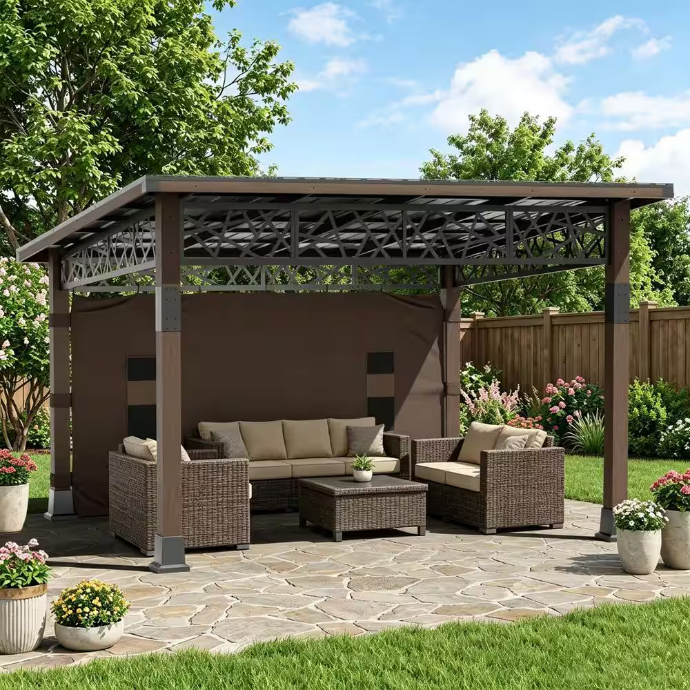 14 Ft. X 12 Ft. Outdoor Wood Frame Patio Hardtop Gazebo with Black Galvanized Steel Roof and Privacy Curtain