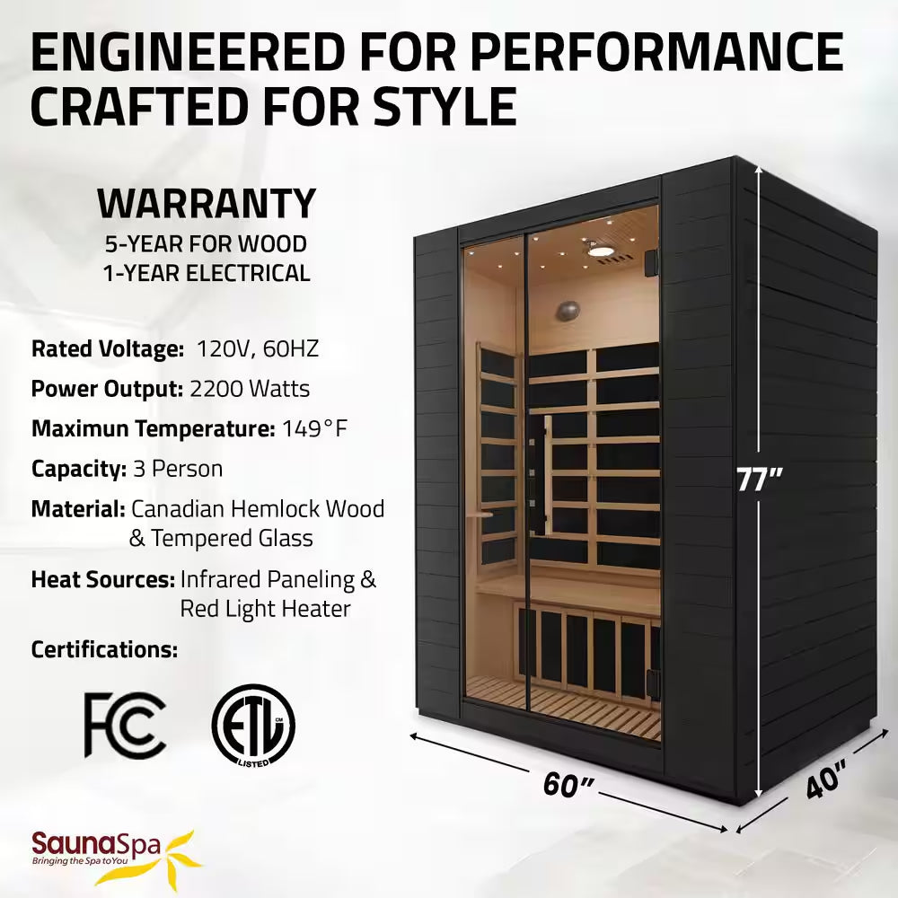 3-Person Infrared Heater Indoor Sauna with Red Light Therapy, Chromotherapy Lights,Wi-Fi Control, Black Canadian Hemlock