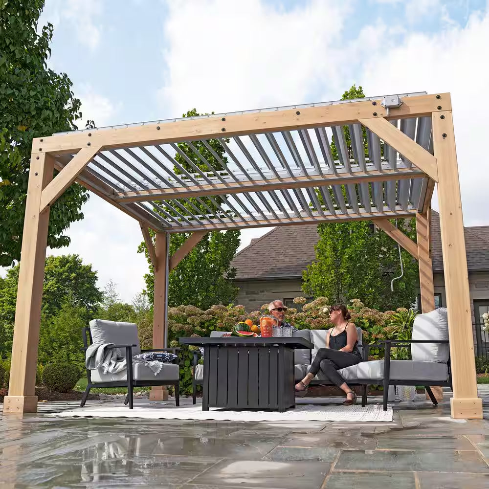 Meridian 10 Ft. X 12 Ft. Premium Cedar Patio Shade Pergola with Gray Louvered Roof Panels and Built-In Gutter System