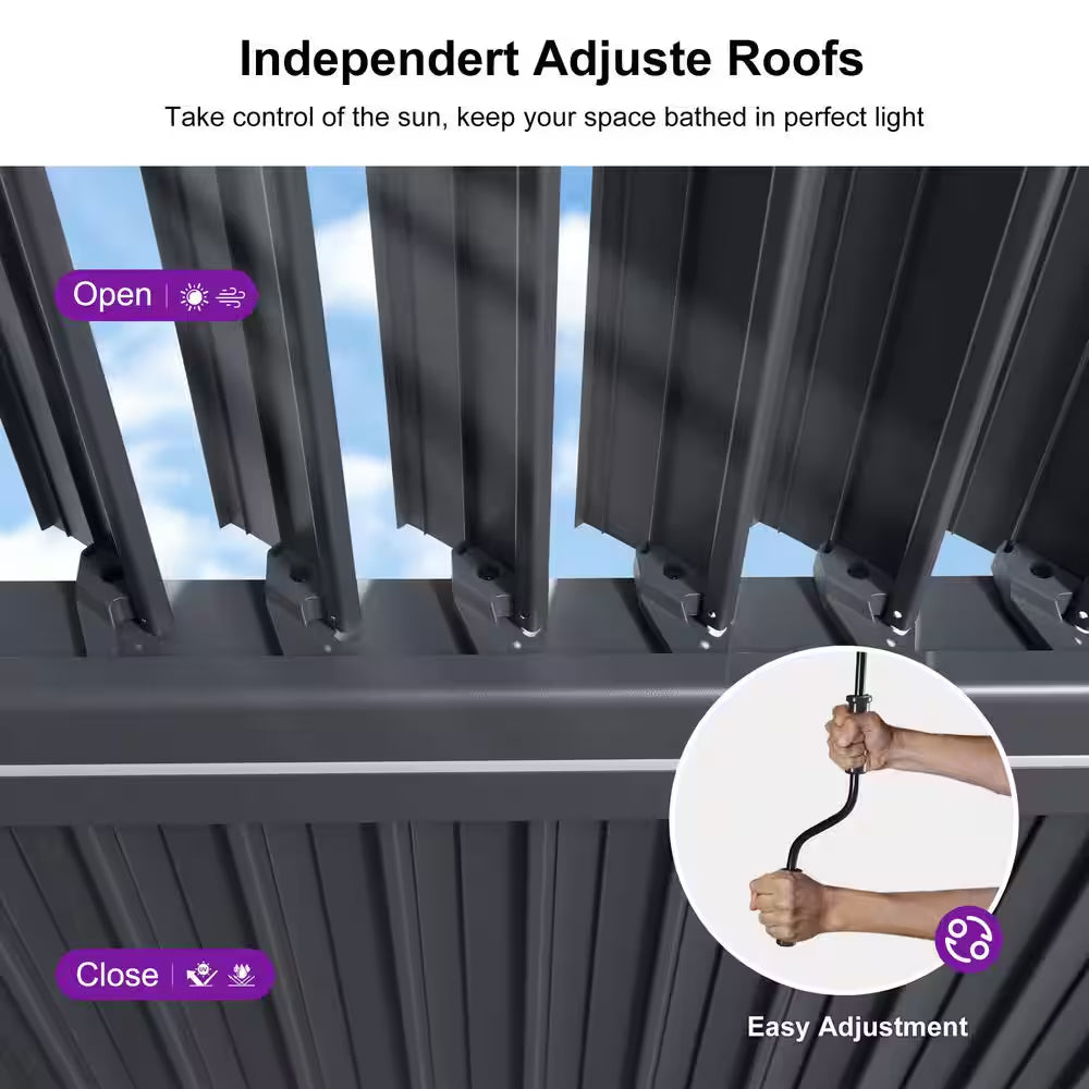 13 Ft. X 20 Ft. Gray Aluminum Outdoor Louvered Pergola with Individual Adjustable Sunshade Roofs and LED Lights