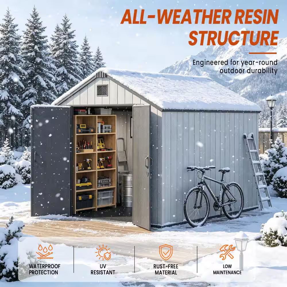 8 Ft. W X 10 Ft. D Resin Storage Shed with Double Doors, Window and Gable Vent 80 Sq. Ft.