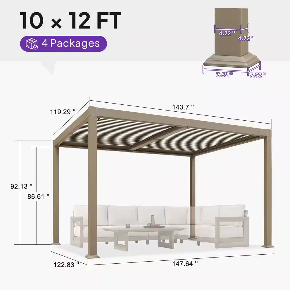 10 Ft. X 12 Ft. Champagne Aluminum Outdoor Louvered Pergola with Individual Adjustable Sunshade Roofs and LED Lights
