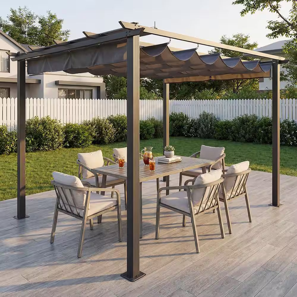10 Ft. X 13 Ft. Grey Aluminum Outdoor Pergola with Grey Retractable Sun Shade Canopy