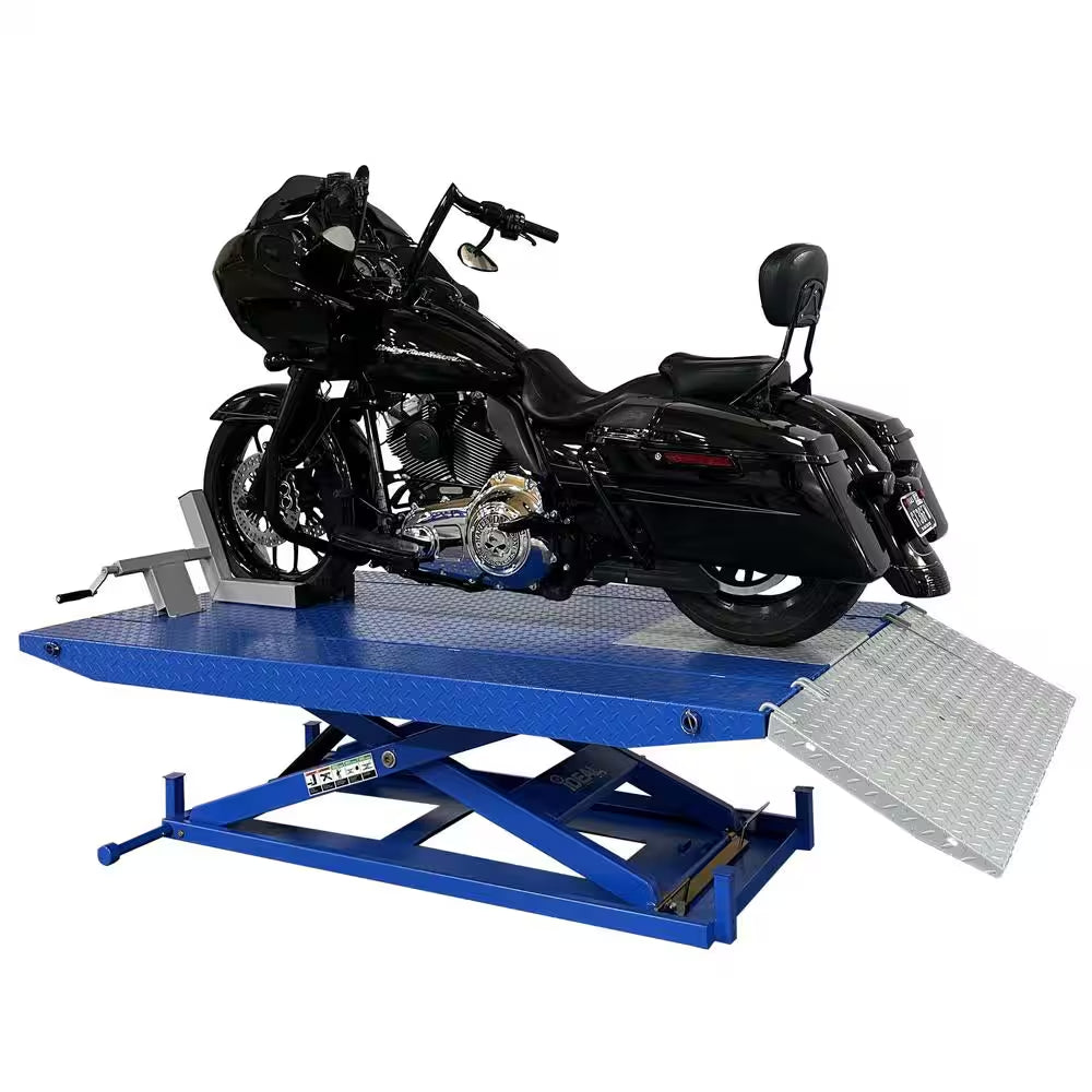High Rise Motorcycle Lift Bench with Vise, Sides, Balance Bar, Pump 1,500 Lbs.