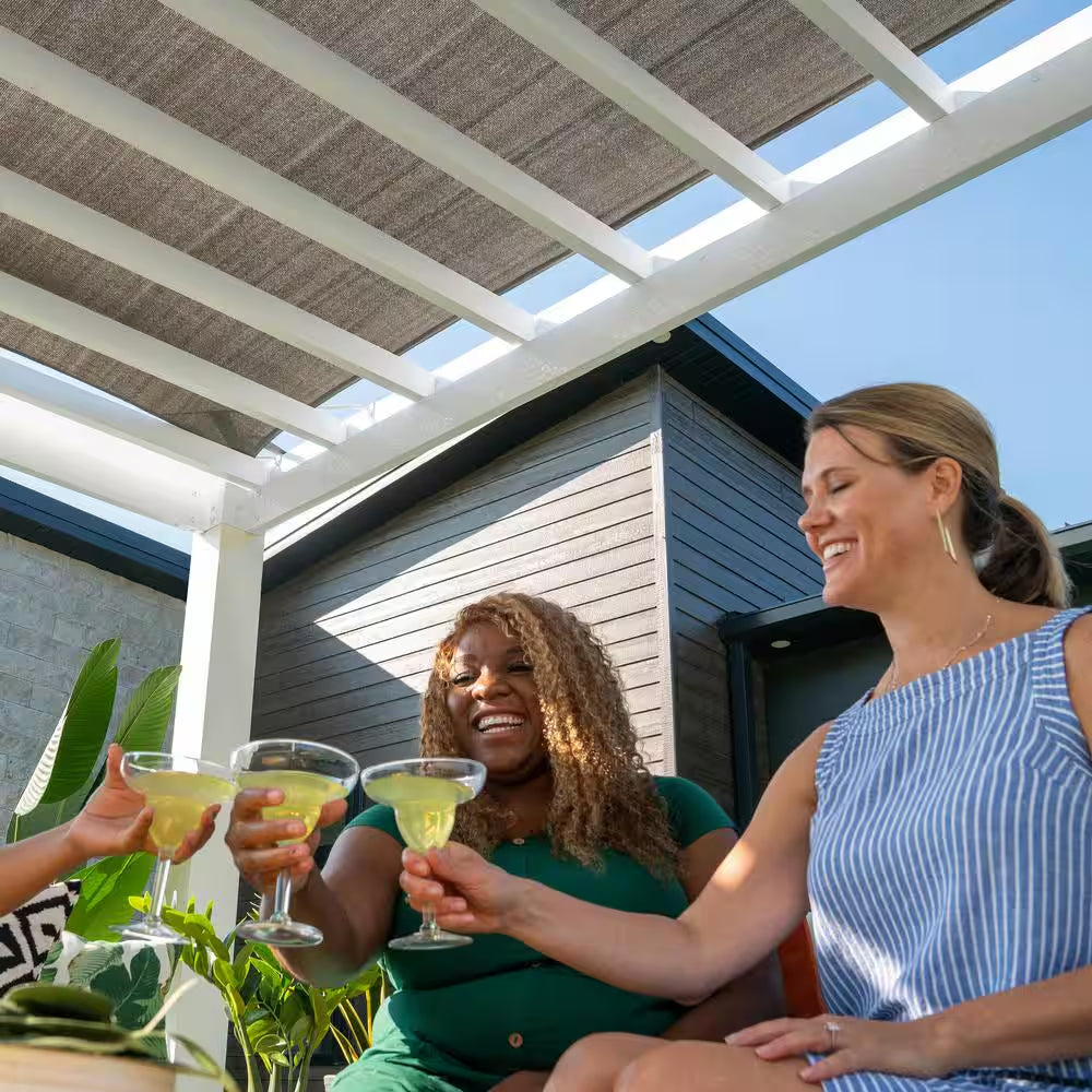 Windham 14 Ft. X 12 Ft. White Powder Coated Galvanized Steel Metal Modern Pergola W/ Sail Shade Soft Canopy and Electric