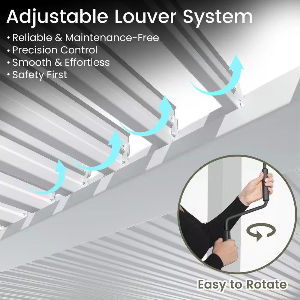 10 Ft. X 13 Ft. White Aluminum Louvered Pergola with Steel Roof and Curtains