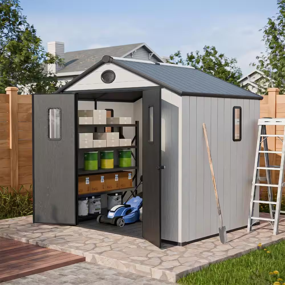 8 X 8 Ft. Gray Plastic Storage Shed Outdoor Resin Storage Cabinet Room with Lockable Door Air Vent Gable Roof for Patio