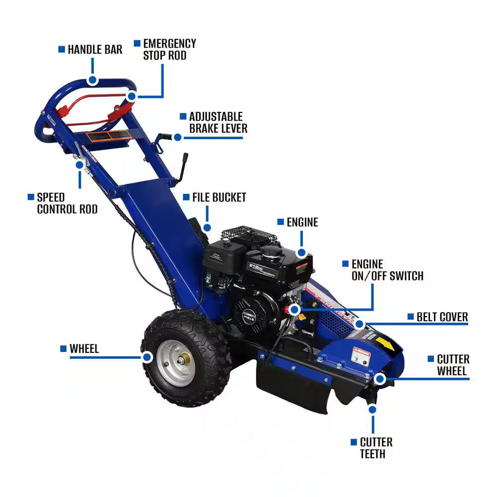 14 In. 7HP Gas Powered Stump Grinder with Ducar Engine 6 Alloy Cutting Teeth and Adjustable Brake Control