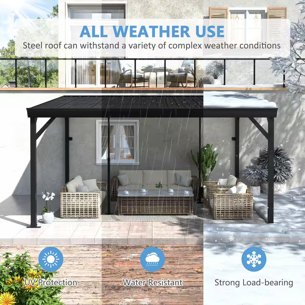 14 Ft. X 10 Ft. Metal Patio Covers with Sloped Roof Wall-Mount Gazebo Pergola