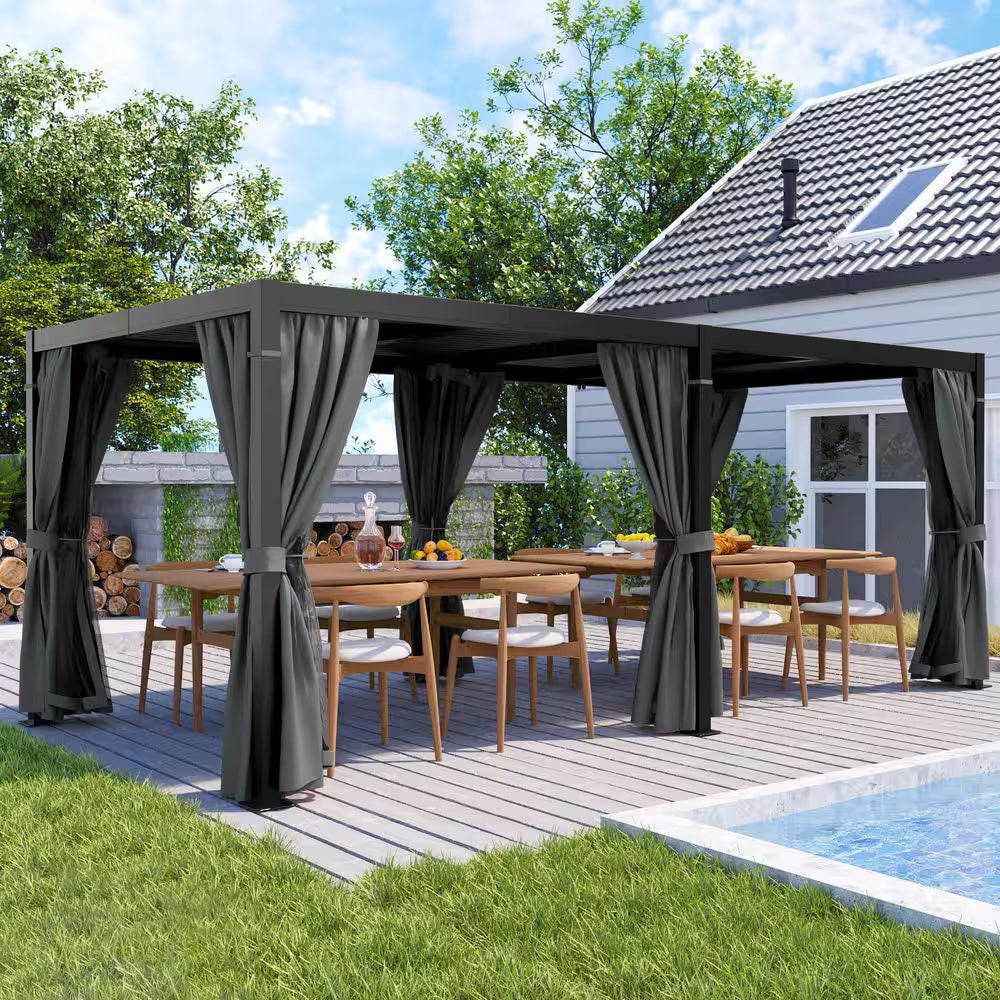 10 Ft. X 20 Ft. Black Aluminum Louvered Pergola with Adjustable Roof and Gray Curtains