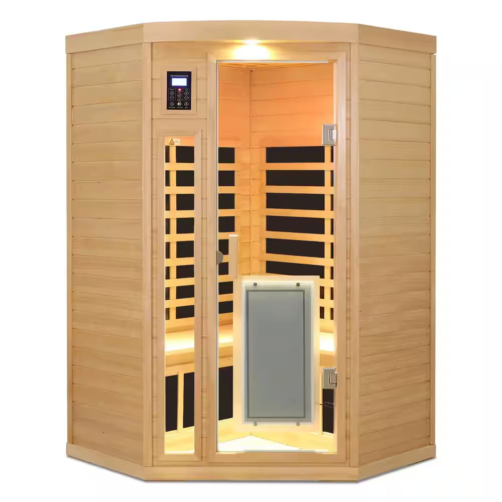 2-Person Natural Wood Far Infrared Hemlock Wood Pentagon Sauna Room with LED Reading Light