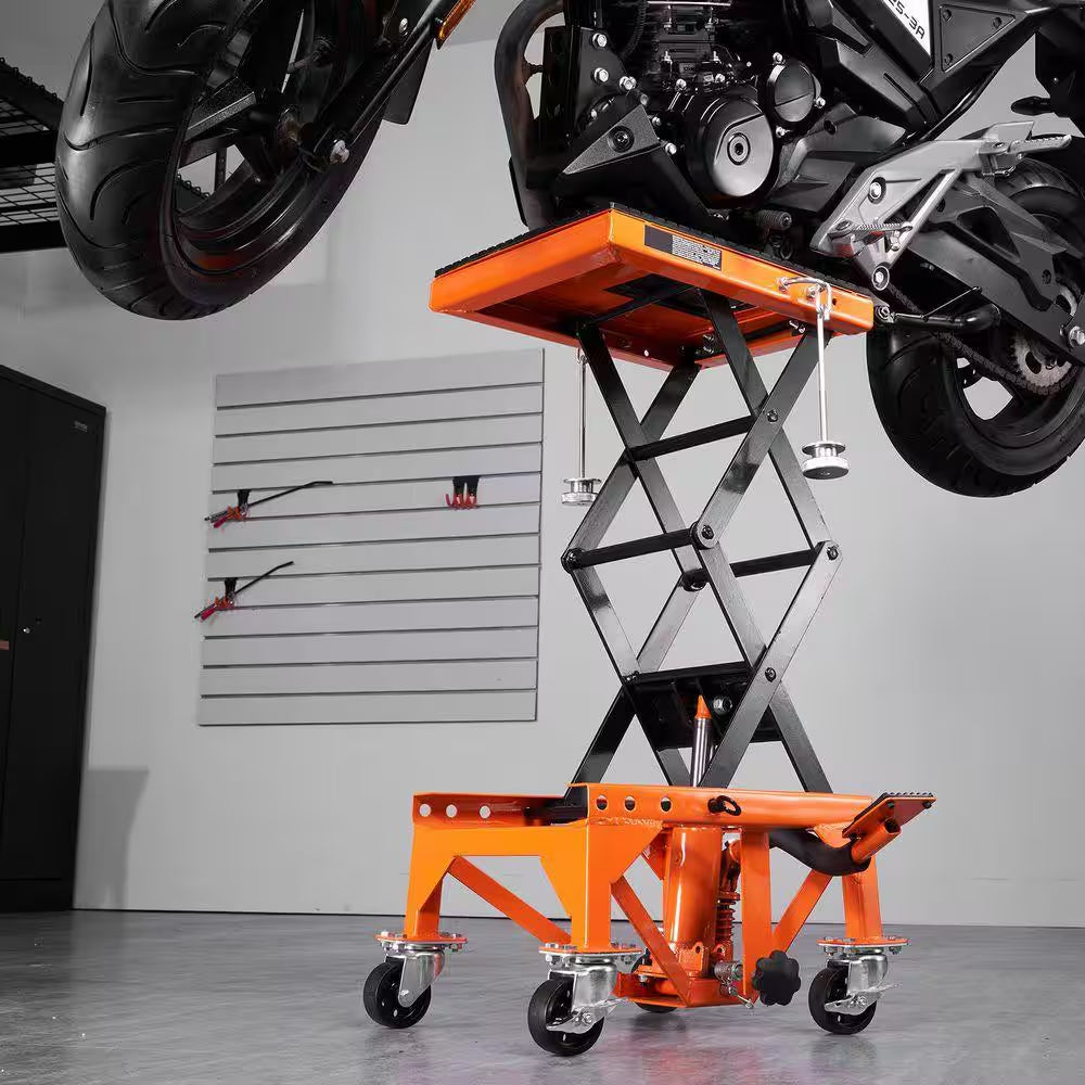 Hydraulic Motorcycle Lift Table, 350 Lbs. Capacity Motorcycle Scissor Jack Lift with Wide Deck, J-Hooks, 4 Wheels