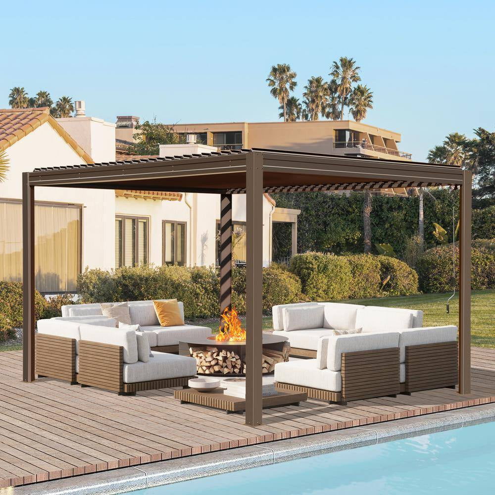 10 Ft. X 13 Ft. Brown Aluminum Metal Louvered Pergola