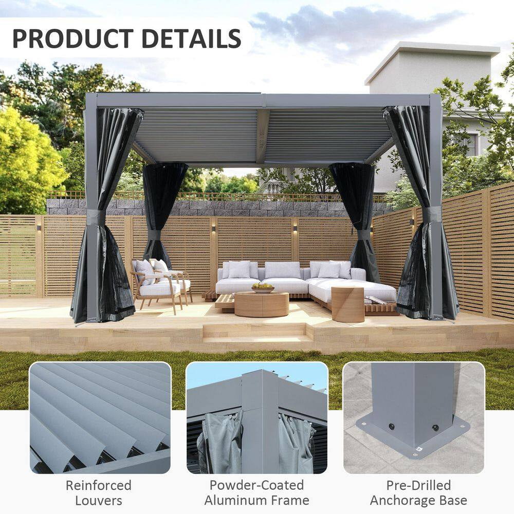 12 Ft. X 10 Ft. Aluminum Pergola with Louvered Roof and Drainage System, Gray