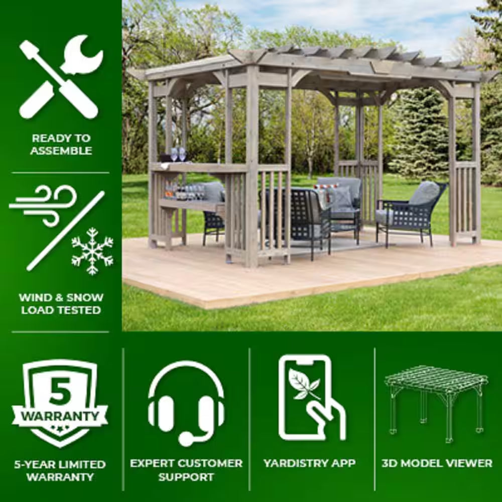 Madison 10 Ft. X 14 Ft. Timber Gray Cedar Wood Backyard Patio Pergola Including UV Sun Shade, Counter and Serving Bar