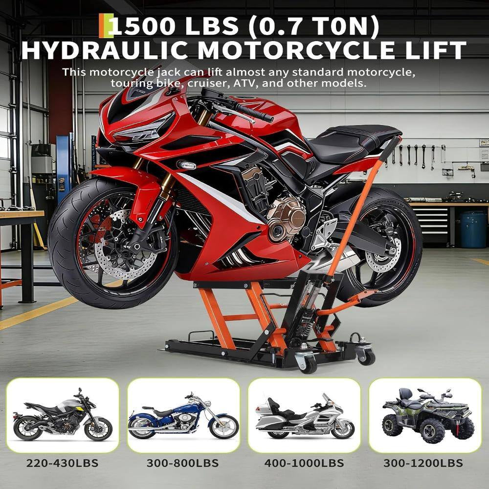 1500 Lbs Hydraulic Motorcycle Scissor Lift Jack, Heavy Duty Adjustable Lift Table with Foot Pedal & Wheels， Black&Orange