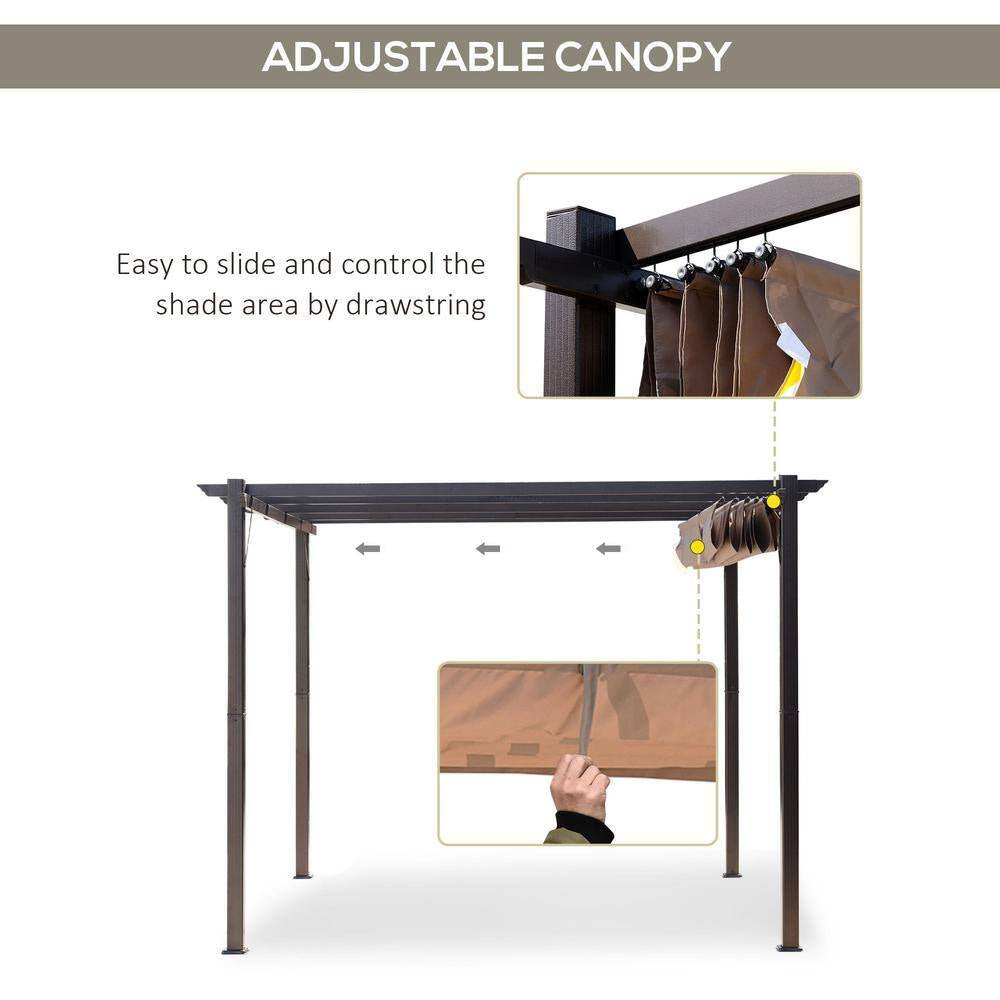 10 Ft. X 10 Ft. Aluminum Frame Brown Outdoor Retractable Pergola Canopy Grill Gazebo for Porch Party, Garden, Balcony
