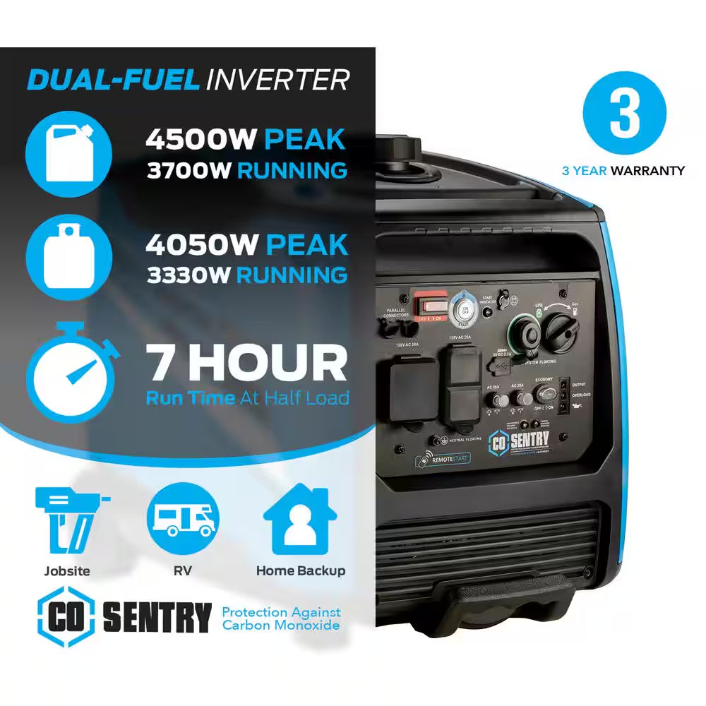 4,500-Watt/3,700-Watt Dual Fuel with Recoil, Remote and Push Button Start Portable Inverter Generator with CO Alert