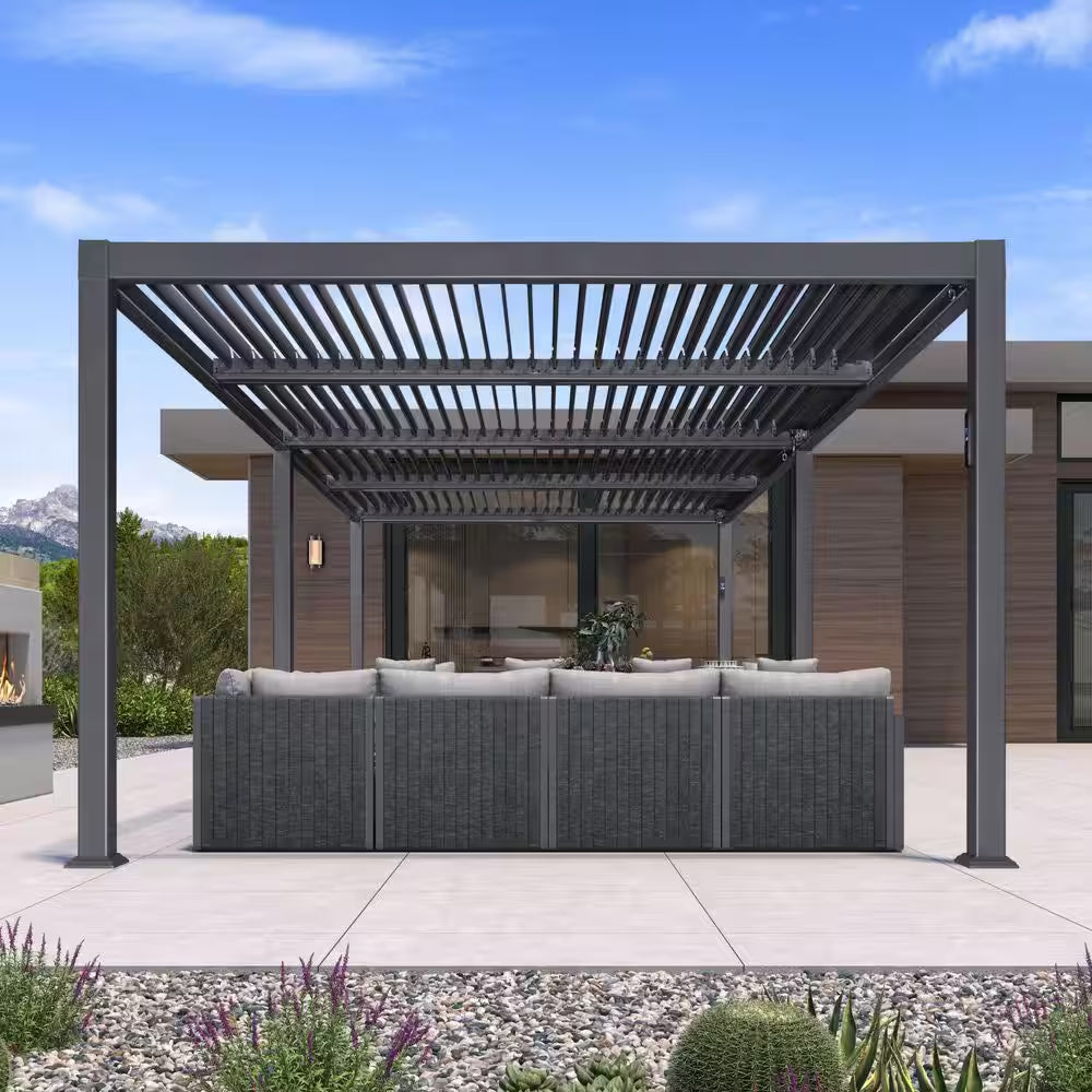 11.7 Ft. X 24.1 Ft. Gray Aluminum Outdoor Louvered Pergola with 4-Individual Adjustable Sunshade Roofs and LED Lights