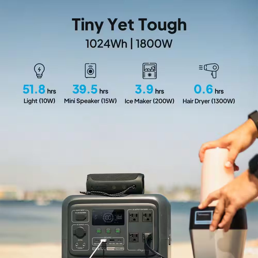 1800W Continuous/3600W Peak Output 1024Wh Push Button Start Portable Power Station with 560W Alternator Charger