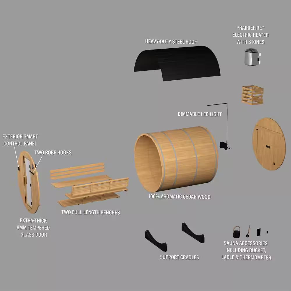 Paxton 6-Person Outdoor Cedar Traditional Wet/Dry Barrel Sauna with 9Kw Electric Heater, Wi-Fi Control, LED Lights