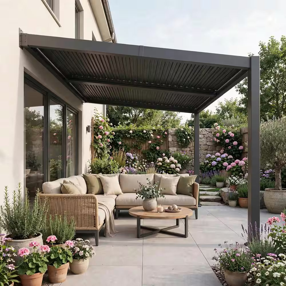 10 Ft. X 12 Ft. Grey Aluminum Outdoor Wall-Mounted Louvered Pergola with Individual Adjustable Sunshade Roofs