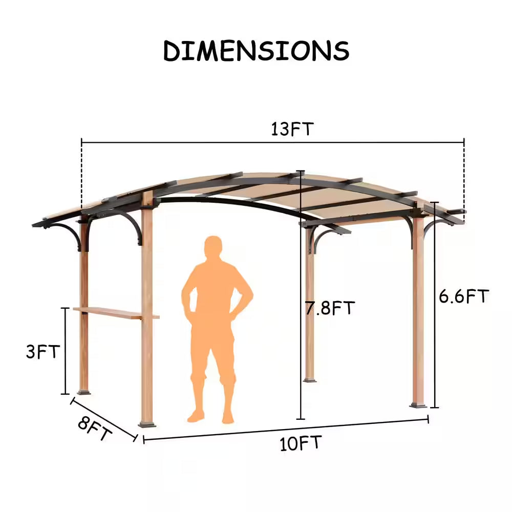 13 Ft. X 8.5 Ft. Steel Patio Pergola with Beige Shade Canopy and Bar Shelf