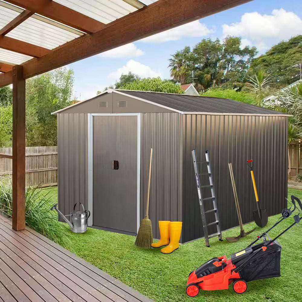 8 Ft.W X 10 Ft.D Outdoor Metal Storage Shed, Tool House with Metal Foundation for Patio, Yard, Lawn, Gray (77 Sq. Ft.)