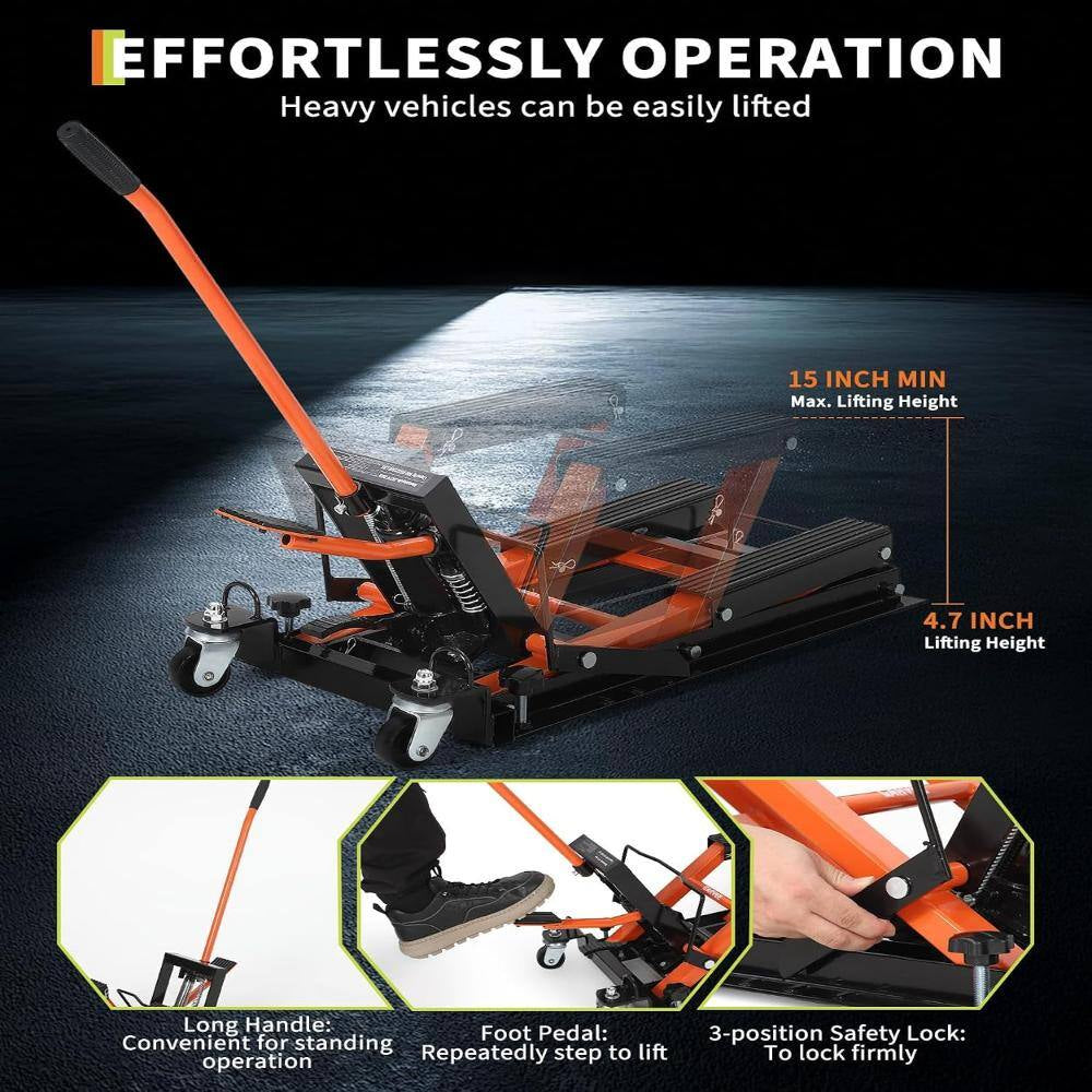 1500 Lbs Hydraulic Motorcycle Scissor Lift Jack, Heavy Duty Adjustable Lift Table with Foot Pedal & Wheels， Black&Orange