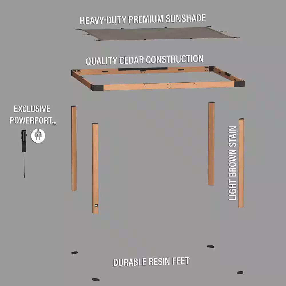 Brendan 10 Ft. X 12 Ft. Light Brown Cedar Wood Patio Pergola with Sun Shade Sail Screen Canopy and Powerport