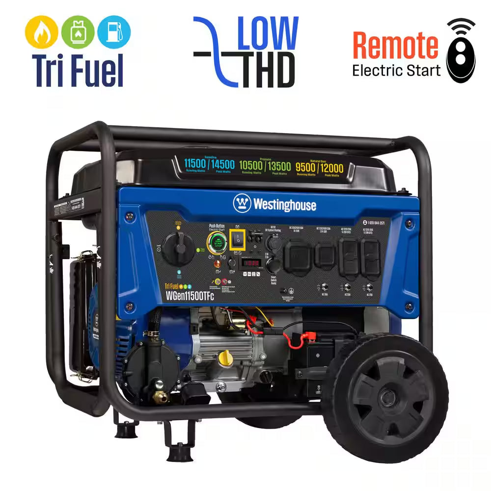 14,500/11,500-Watt Remote Electric Start Tri-Fuel Portable Generator with Low THD, 50A Outlet and CO Sensor