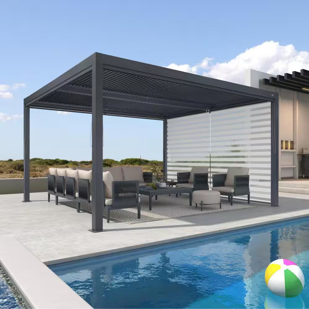 12 Ft. X 14 Ft. Gray Aluminum Frame Louvered Pergola with Individual Adjustable Roofs and 1-Short Side Roller Shades