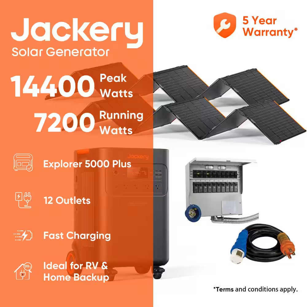7200/14400W Peak Solar Generator 5000Plus Push Button Start W/240V Manual Transfer Switch, 2X500X, Essential Home Backup