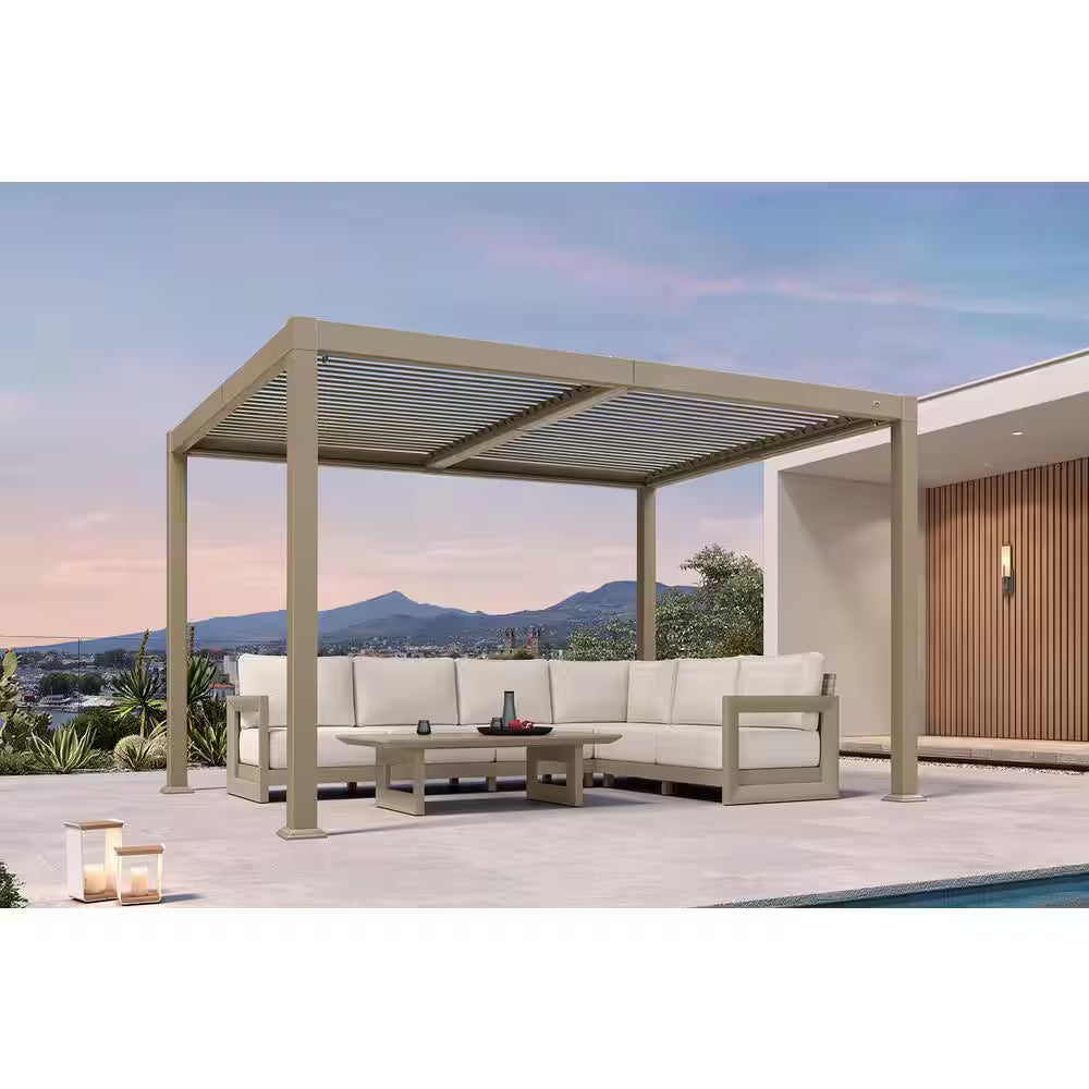 10 Ft. X 12 Ft. Champagne Aluminum Outdoor Louvered Pergola with Individual Adjustable Sunshade Roofs and LED Lights