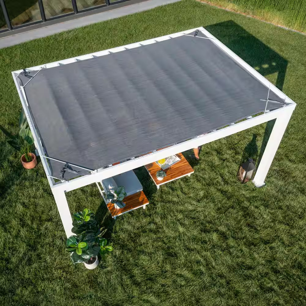 Windham 14 Ft. X 10 Ft. White Powder Coated Galvanized Steel Metal Modern Pergola W/ Sail Shade Soft Canopy and Electric