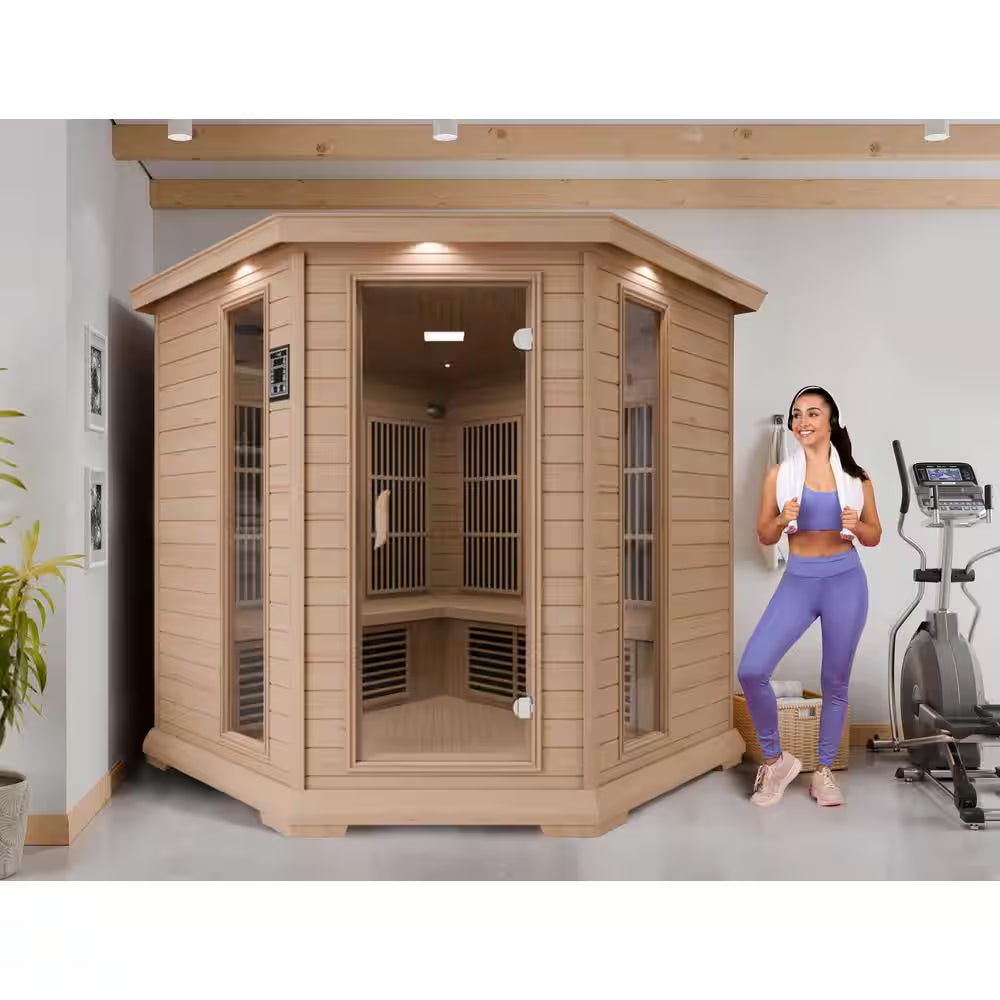 5-Person Indoor Hemlock Wood Electric Infrared Sauna with Touch Control Panel, Spot Light, and Speaker