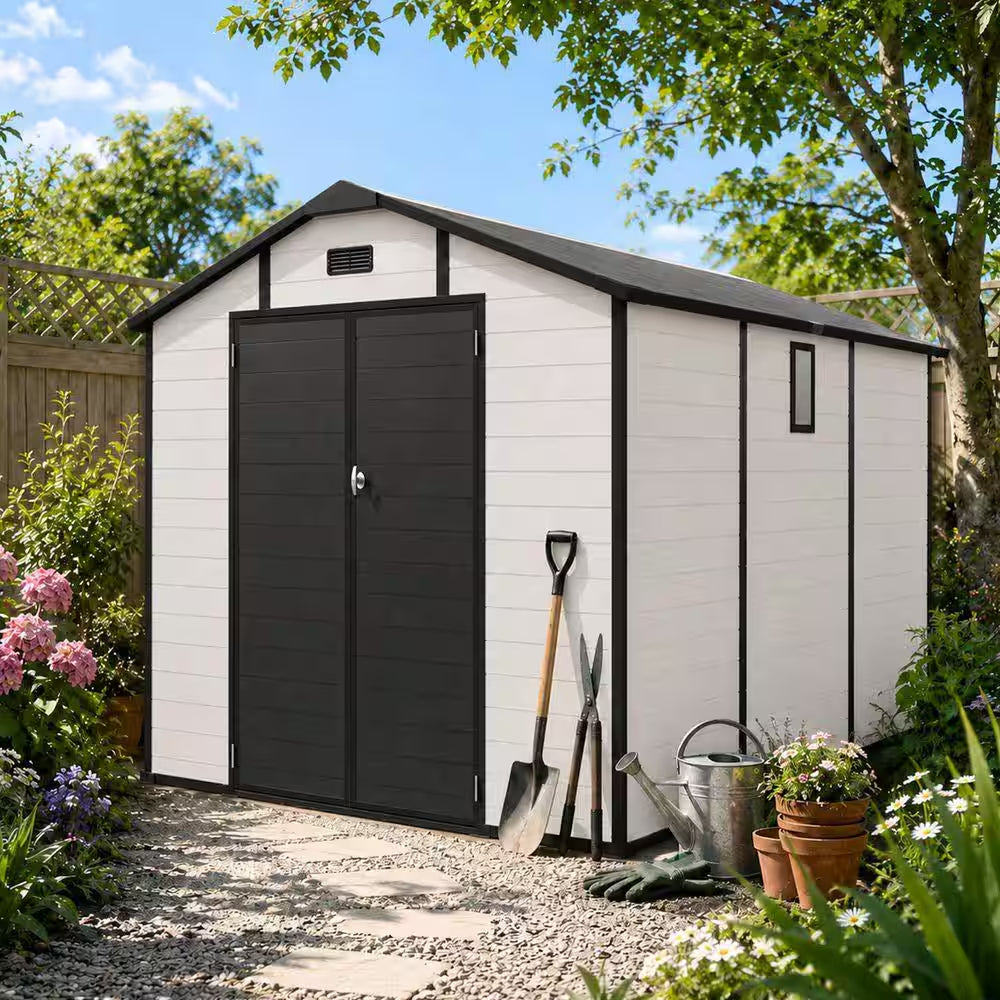 8X10 FT Plastic Outdoor Storage Shed, Lockable Resin Tool Shed with Window and Floor, Beige (80 Sq. Ft.)