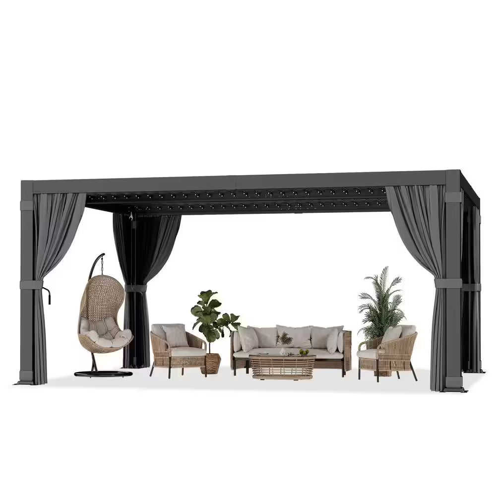 12 Ft. X 16 Ft. Black Aluminum Outdoor Louvered Pergola with Nettings and Curtains