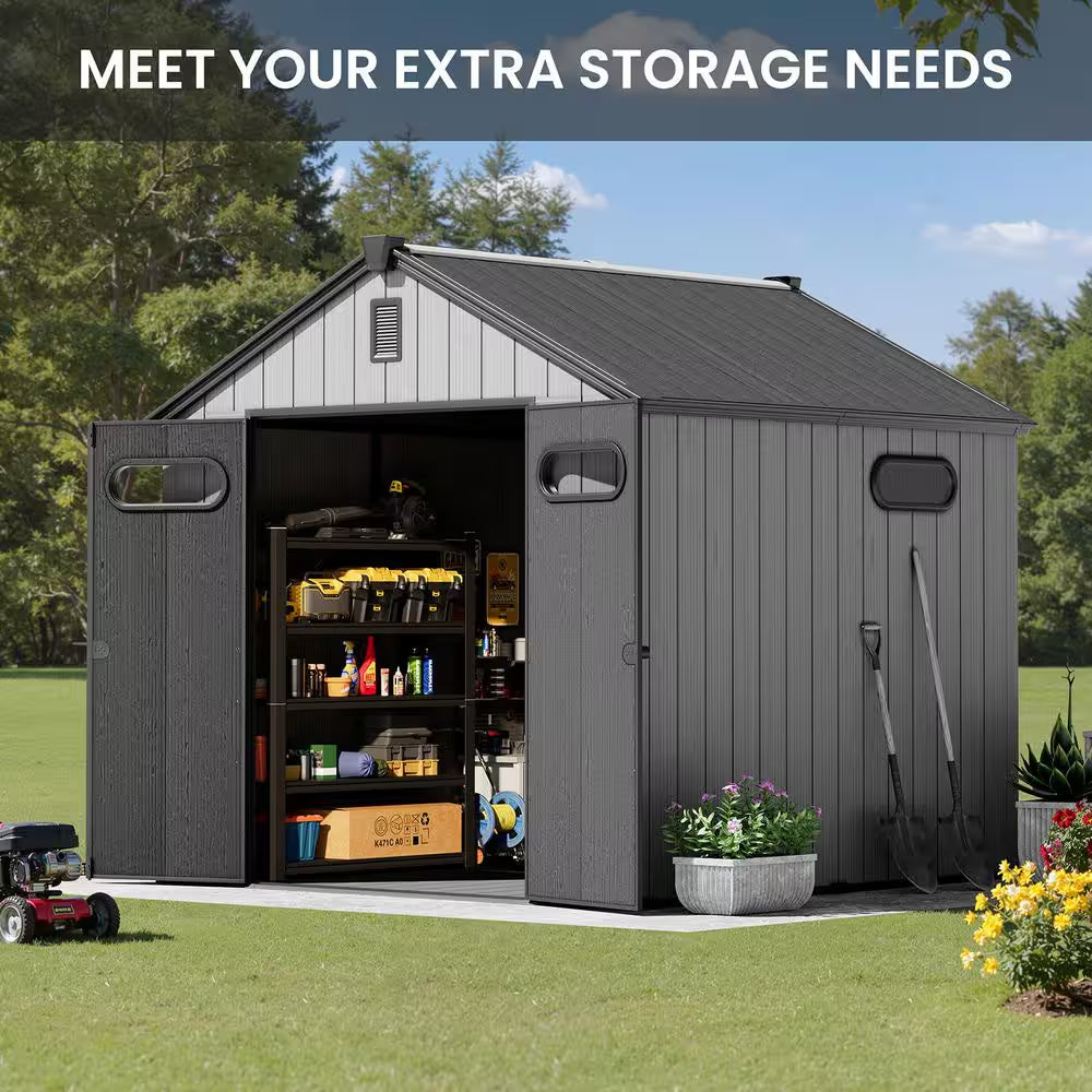 8 Ft. W X 12 Ft. D Outdoor Resin Storage Shed in Brown Plastic Resin Tool Shed with Floor and Lockable Door (96 Sq. Ft.)