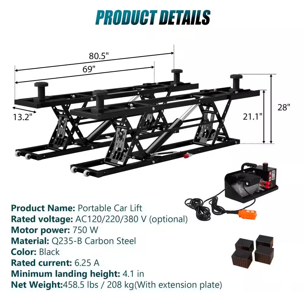9000LBS Portable Car Lift Electric Hydraulic Vehicle Lift with 28" Max Height & 11.5" Extension Plates for Sedan SUV