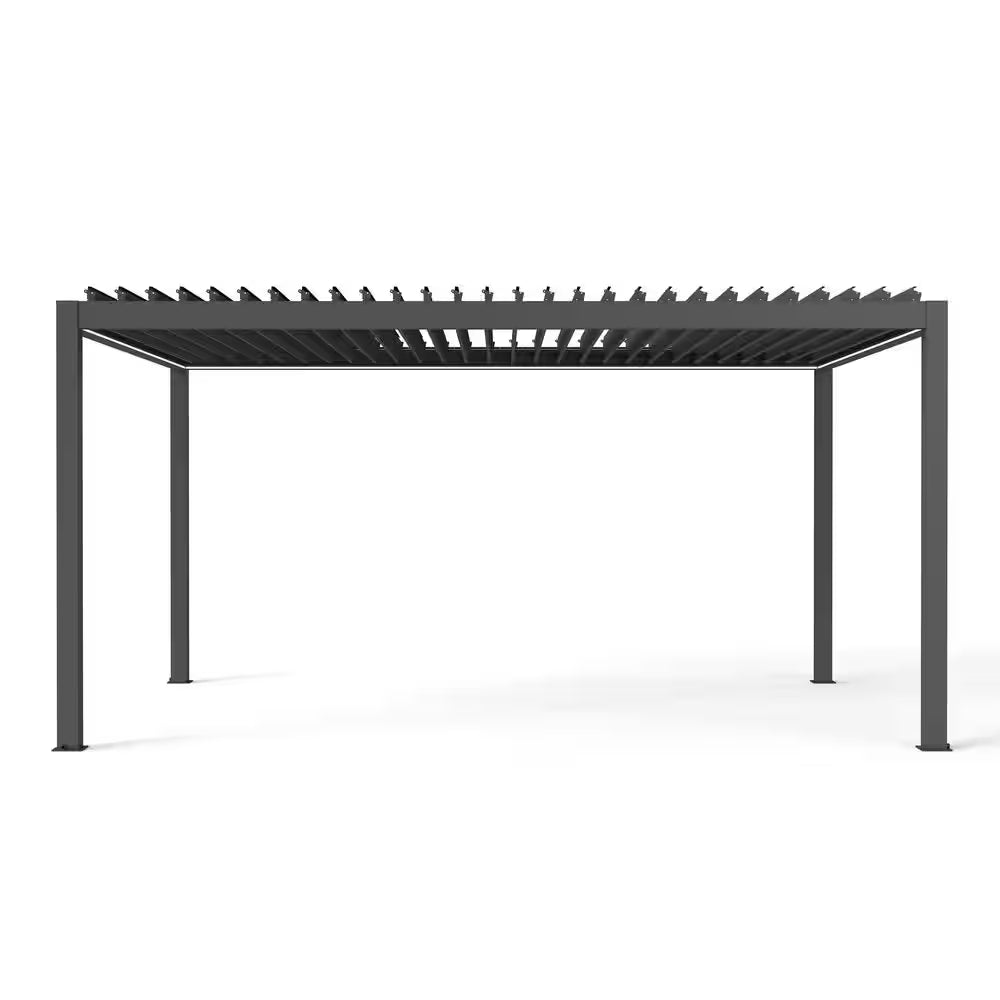 12 Ft. X 16 Ft. Dark Gray Powered Aluminum Louvered Pergola with Adjustable Roof, LED Lights and Rain Sensor