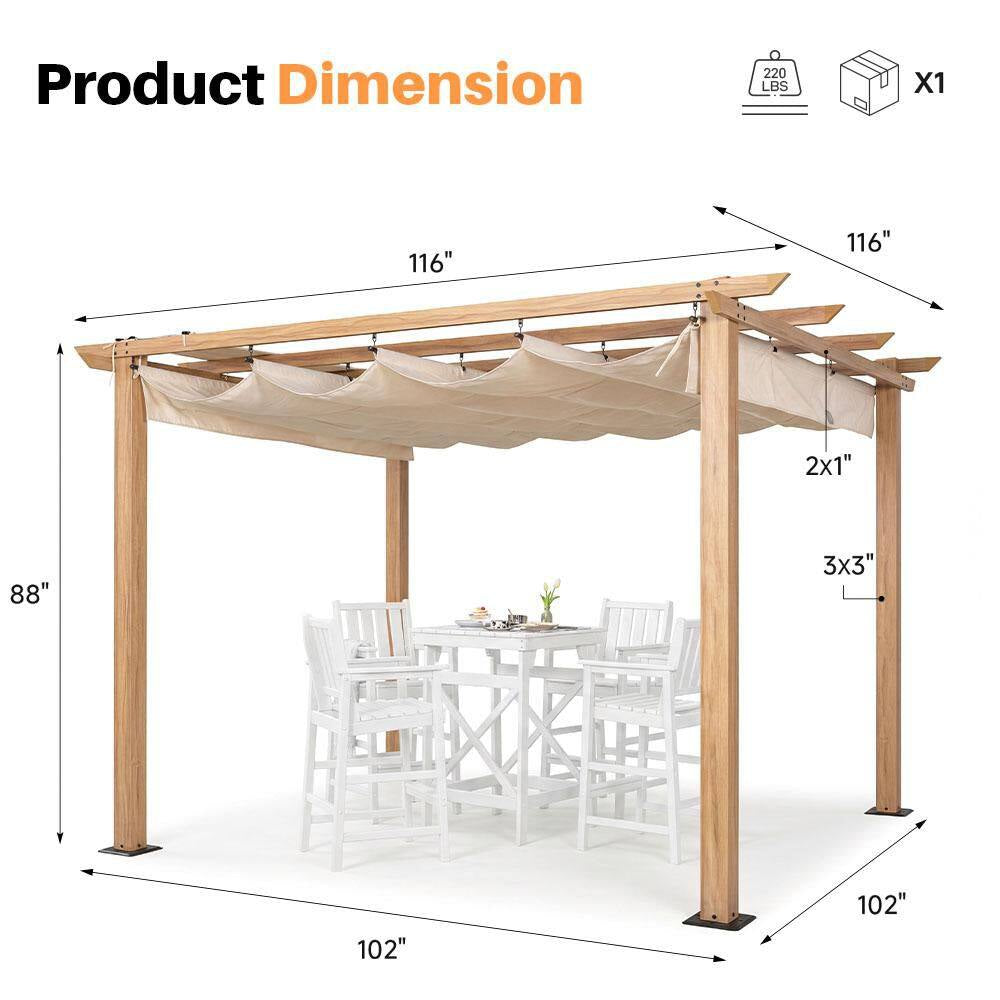 10 Ft. X 10 Ft. Wood Grain Aluminum Outdoor Pergola with Beige Retractable Sun Shade Canopy